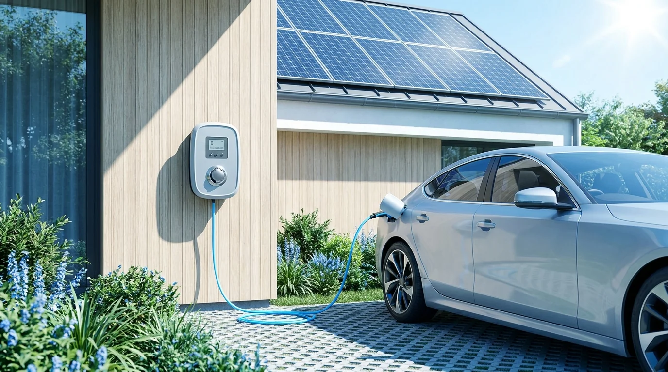 Borne de recharge installée sur la façade bois d'une maison de Charente-Maritime, voiture électrique branchée au premier plan